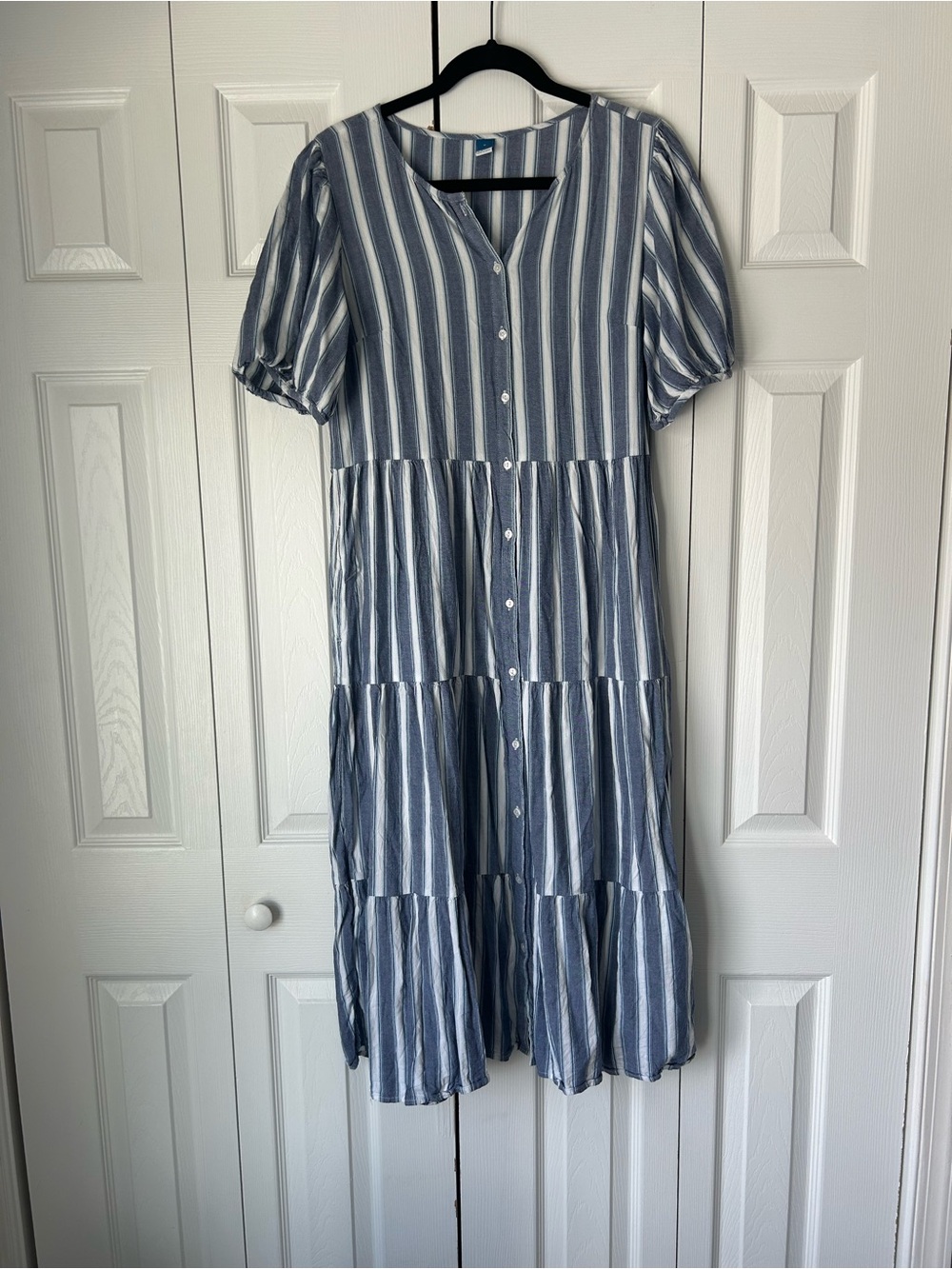 Old Navy Puff-Sleeve Tiered Striped Midi Swing Dress - Picture 4 of 8